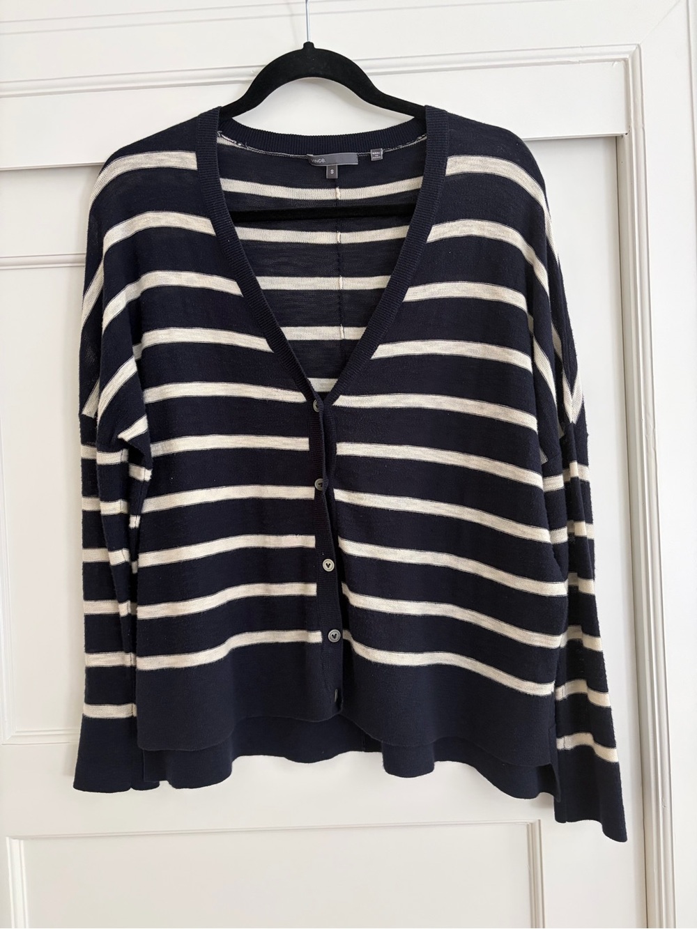 Vince Striped Navy and Cream V-Neck Button Cardigan Sweater